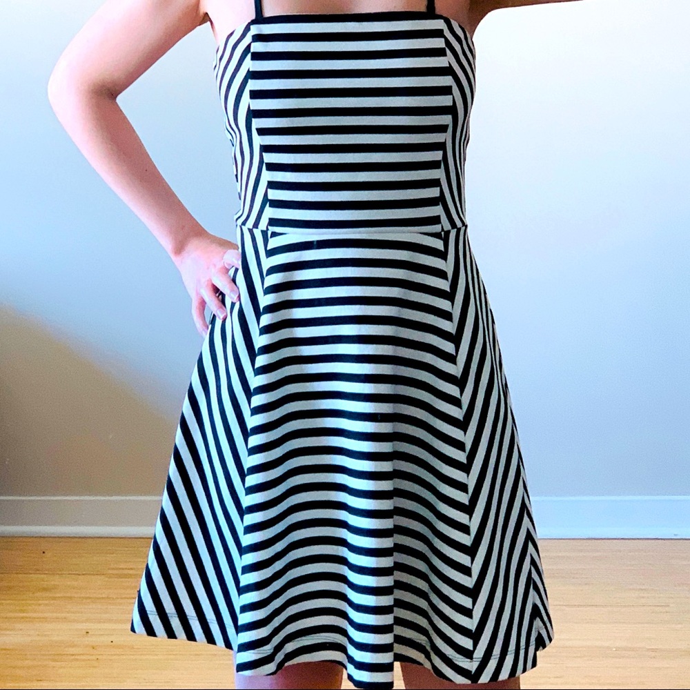 Express Black White Striped Fit and Flare Dress- 4